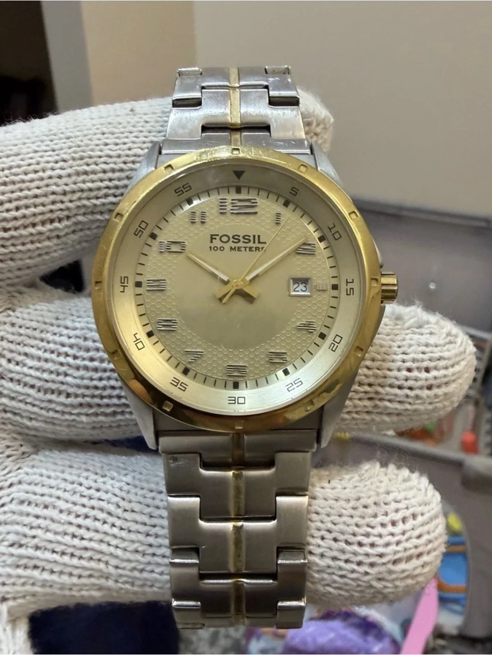 Fossil PR-5363 Men's Watch Two-Tone Gold Silver Stainless Steel Honeycomb Dial
